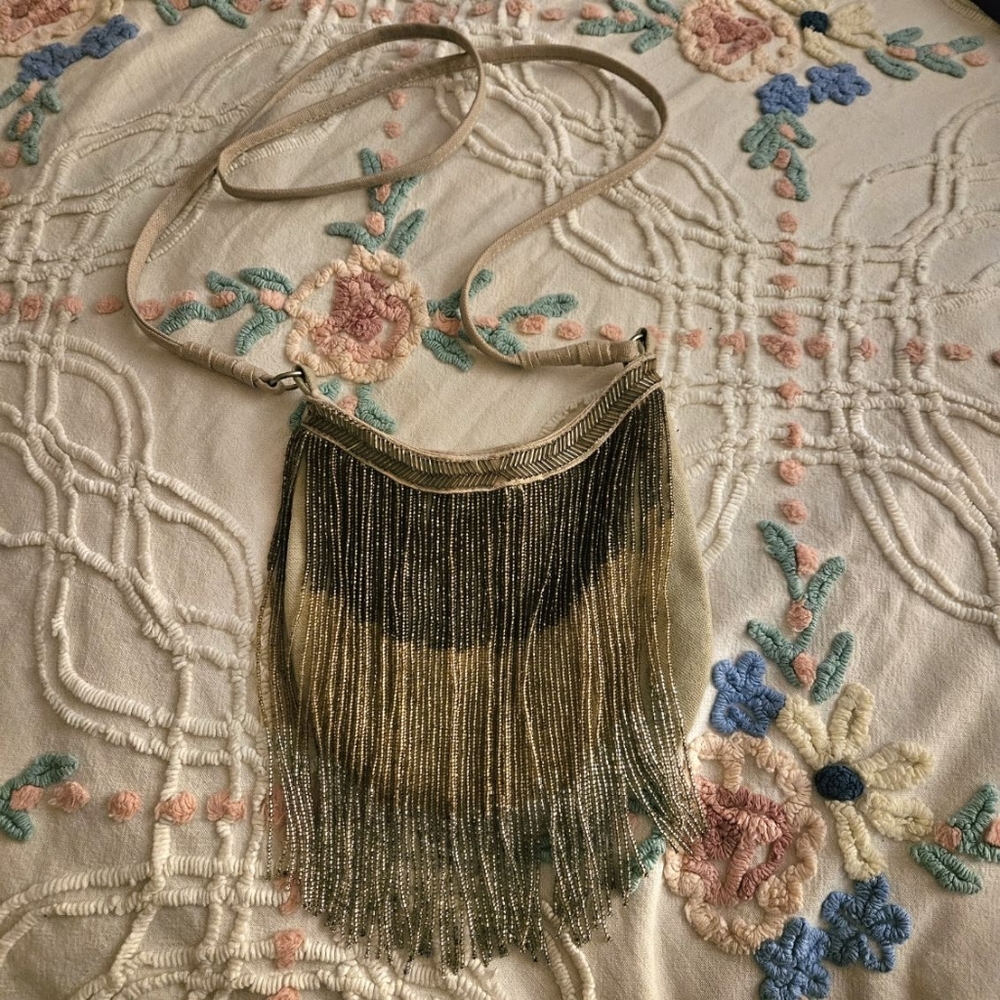 Beaded Crossbody Purse, Tan, Made of 100% Cotton, American Eagle Outfitters